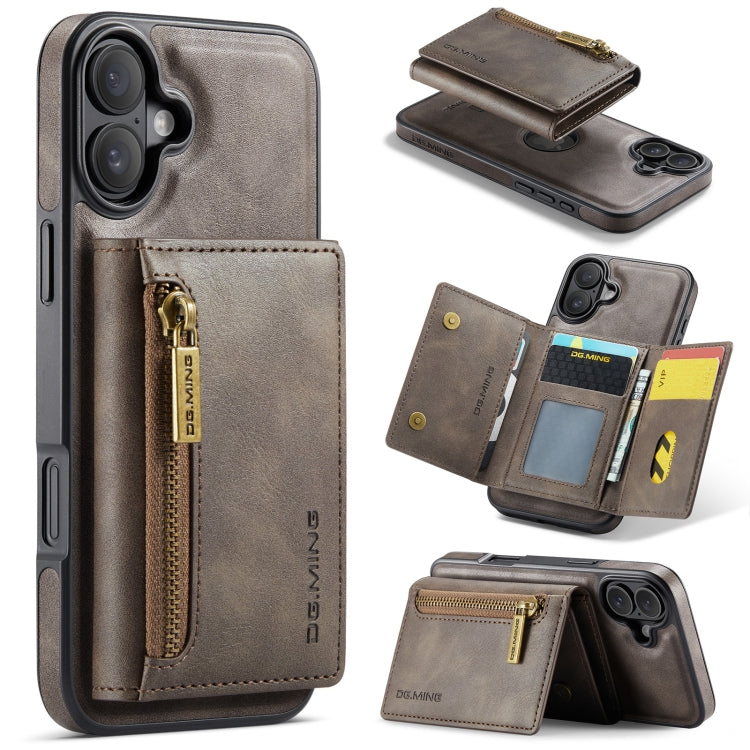 For iPhone 16 Plus DG.MING M5 Series Zip RFID Multi Card Detachable Leather Phone Case(Coffee) - iPhone 16 Plus Cases by DG.MING | Online Shopping South Africa | PMC Jewellery | Buy Now Pay Later Mobicred