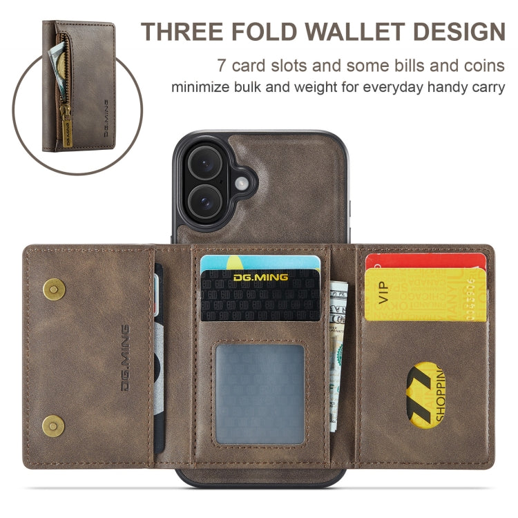 For iPhone 16 DG.MING M5 Series Zip RFID Multi Card Detachable Leather Phone Case(Coffee) - iPhone 16 Cases by DG.MING | Online Shopping South Africa | PMC Jewellery | Buy Now Pay Later Mobicred