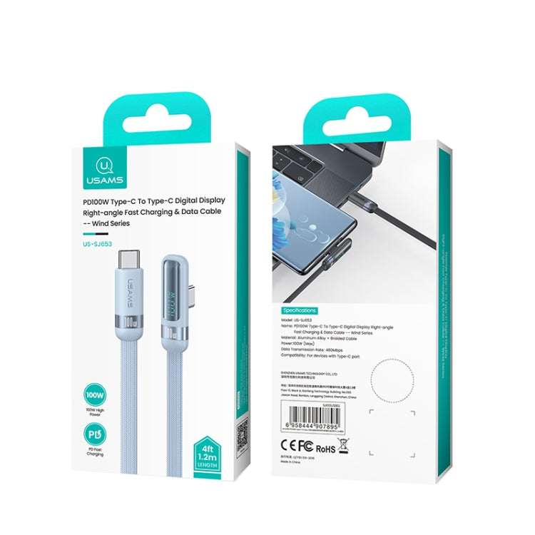 USAMS US-SJ653 PD 100W USB-C/Type-C to USB-C/Type-C Aluminum Alloy Digital Display Fast Charging Elbow Data Cable, Length: 1.2m(Blue) - USB-C & Type-C Cable by USAMS | Online Shopping South Africa | PMC Jewellery | Buy Now Pay Later Mobicred