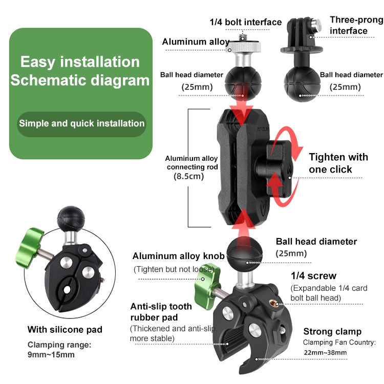 RUIGPRO Crab Clamp Action Camera Bracket Dual-Head Crab 3-Stage Selfie Stick - Holder by RUIGPRO | Online Shopping South Africa | PMC TechLife | Buy Now Pay Later Mobicred