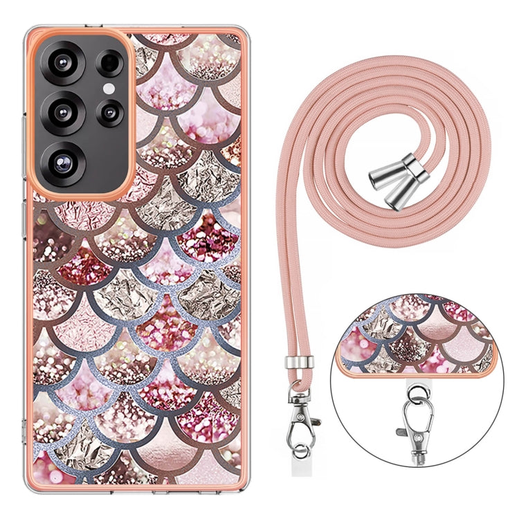 For Samsung Galaxy S25 Ultra 5G Electroplating Pattern IMD TPU Shockproof Case with Neck Lanyard(Pink Scales) - Galaxy S25 Ultra 5G Cases by PMC Jewellery | Online Shopping South Africa | PMC Jewellery | Buy Now Pay Later Mobicred