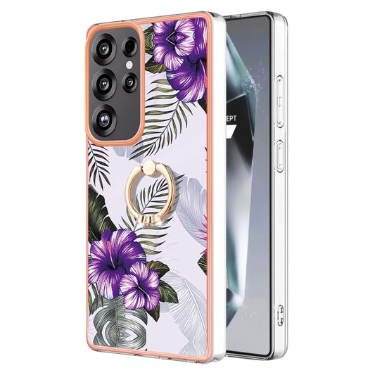 For Samsung Galaxy S25 Ultra 5G Electroplating Pattern IMD TPU Shockproof Case with Rhinestone Ring Holder(Purple Flower) - Galaxy S25 Ultra 5G Cases by PMC Jewellery | Online Shopping South Africa | PMC Jewellery | Buy Now Pay Later Mobicred