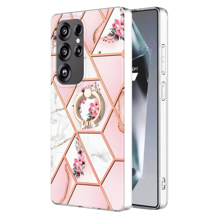 For Samsung Galaxy S25 Ultra 5G Electroplating Splicing Marble Flower Pattern TPU Shockproof Case with Rhinestone Ring Holder(Pink Flower) - Galaxy S25 Ultra 5G Cases by PMC Jewellery | Online Shopping South Africa | PMC Jewellery | Buy Now Pay Later Mobicred