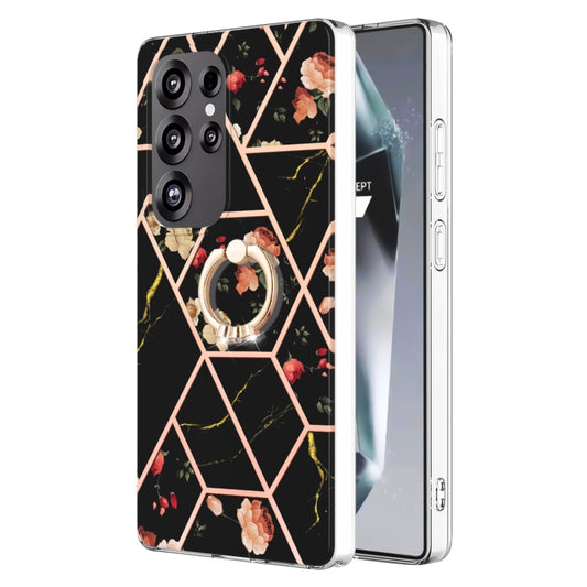 For Samsung Galaxy S25 Ultra 5G Electroplating Splicing Marble Flower Pattern TPU Shockproof Case with Rhinestone Ring Holder(Black Flower) - Galaxy S25 Ultra 5G Cases by PMC Jewellery | Online Shopping South Africa | PMC Jewellery | Buy Now Pay Later Mobicred