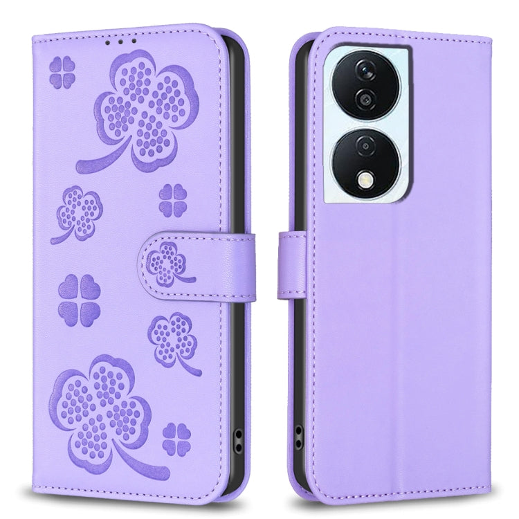 For Honor X7b Four-leaf Embossed Leather Phone Case(Purple) - Honor Cases by PMC TechLife | Online Shopping South Africa | PMC TechLife