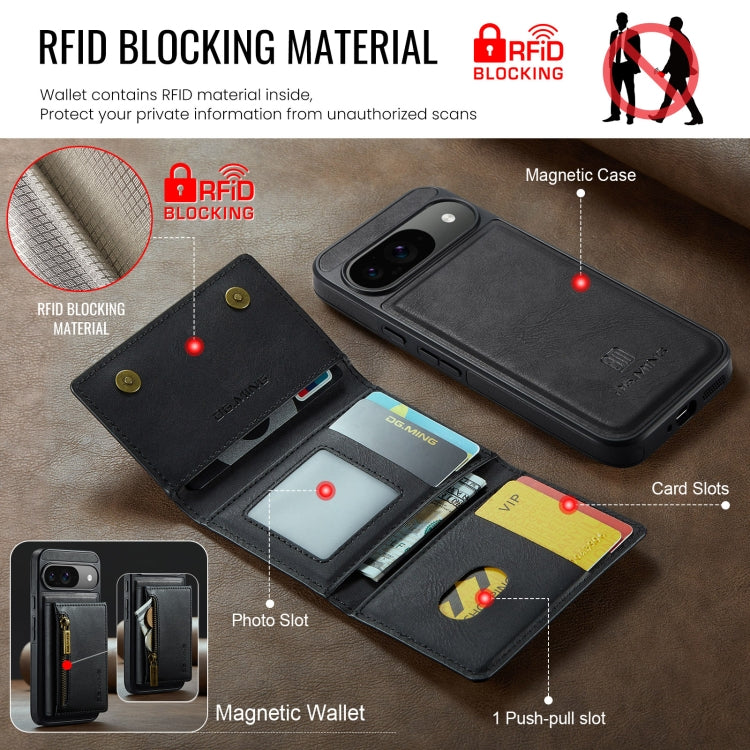 For Google Pixel 9 / 9 Pro DG.MING M5 Series Zip RFID Multi Card Detachable Leather Phone Case(Black) - Google Cases by DG.MING | Online Shopping South Africa | PMC Jewellery | Buy Now Pay Later Mobicred