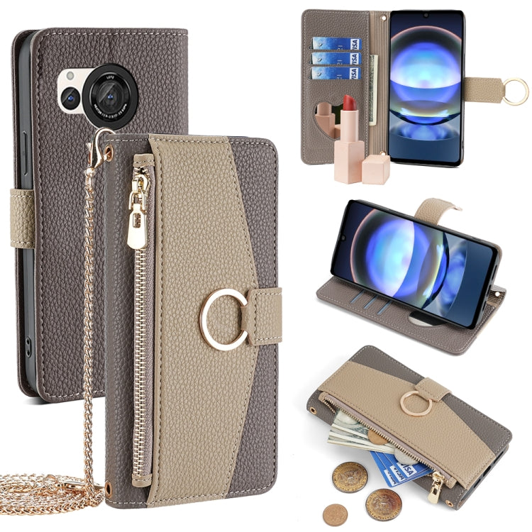 For Sharp Aquos R8 SH-52D Crossbody Litchi Texture Leather Phone Case(Grey) - More Brand by PMC TechLife | Online Shopping South Africa | PMC TechLife | Buy Now Pay Later Mobicred