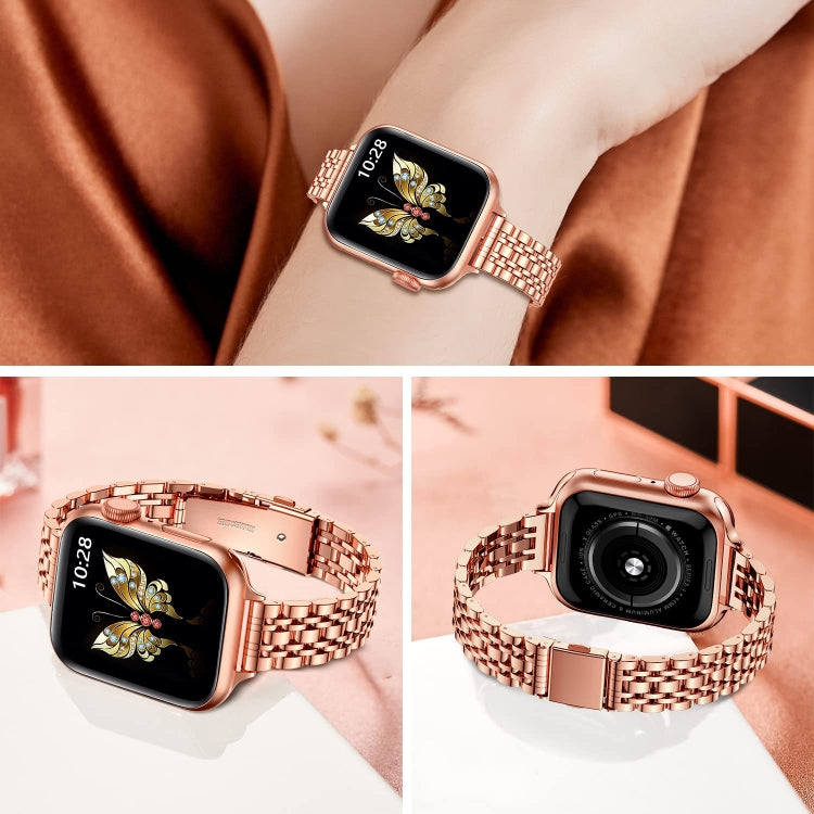 For Apple Watch Series 2 42mm Slim Seven Bead Slingshot Buckle Metal Watch Band(Rose Gold) - Watch Bands by PMC Jewellery | Online Shopping South Africa | PMC Jewellery