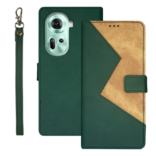 For OPPO Reno11 5G Global idewei Two-color Splicing Leather Phone Case(Green) - OPPO Cases by idewei | Online Shopping South Africa | PMC Jewellery | Buy Now Pay Later Mobicred