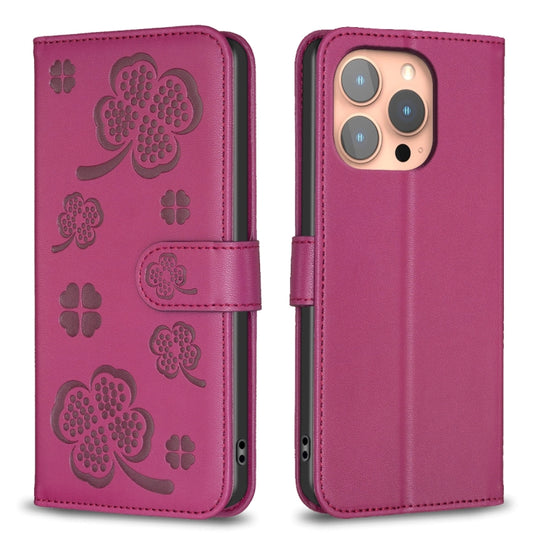 For iPhone 16 Pro Max Four-leaf Embossed Leather Phone Case(Rose Red) - iPhone 16 Pro Max Cases by PMC Jewellery | Online Shopping South Africa | PMC Jewellery | Buy Now Pay Later Mobicred