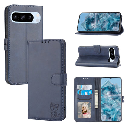 For Google Pixel 9 Embossed Happy Cat Pattern Flip Leather Phone Case(Blue) - Google Cases by PMC Jewellery | Online Shopping South Africa | PMC Jewellery | Buy Now Pay Later Mobicred