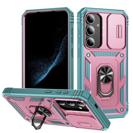 For Samsung Galaxy S24 5G Sliding Camshield TPU + PC Phone Case with Holder(Pink+Green) - Galaxy S24 5G Cases by PMC Jewellery | Online Shopping South Africa | PMC Jewellery