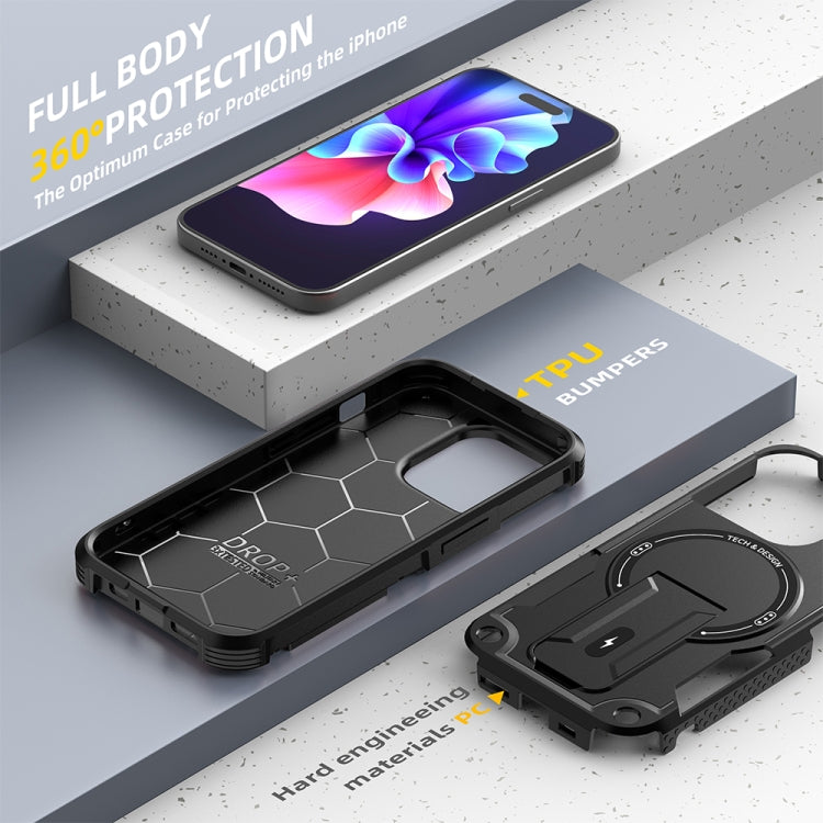 For iPhone 15 Plus MagSafe Holder Armor PC Hybrid TPU Phone Case(Black) - iPhone 15 Plus Cases by PMC TechLife | Online Shopping South Africa | PMC TechLife