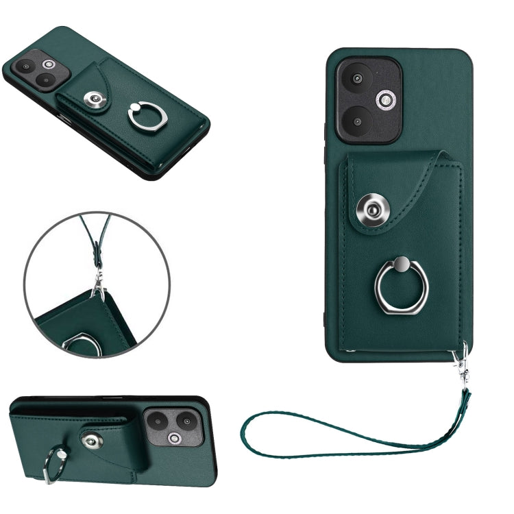 For Xiaomi Redmi 13C 5G / Redmi 13R Organ Card Bag Ring Holder PU Phone Case with Lanyard(Green) - 13C Cases by PMC Jewellery | Online Shopping South Africa | PMC Jewellery | Buy Now Pay Later Mobicred