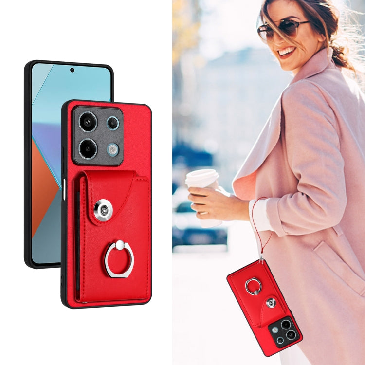 For Xiaomi Redmi Note 13 5G Global Organ Card Bag Ring Holder PU Phone Case with Lanyard(Red) - Note 13 Cases by PMC Jewellery | Online Shopping South Africa | PMC Jewellery | Buy Now Pay Later Mobicred