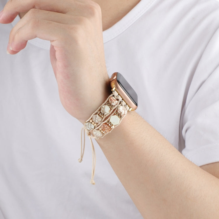 For Apple Watch SE 2023 44mm Hexagonal Stones Drawstring Chain Watch Band(Beige) - Watch Bands by PMC TechLife | Online Shopping South Africa | PMC TechLife
