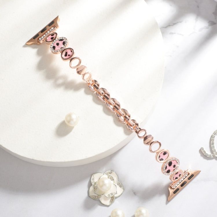 For Apple Watch SE 2022 44mm Leopard Rhinestones Metal Chain Watch Band(Rose Gold) - Watch Bands by PMC Jewellery | Online Shopping South Africa | PMC Jewellery