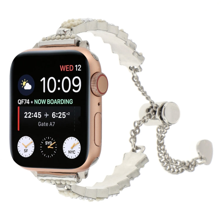 For Apple Watch Series 8 41mm Shell Beads Chain Bracelet Metal Watch Band(Beige White Silver) - Watch Bands by PMC Jewellery | Online Shopping South Africa | PMC Jewellery