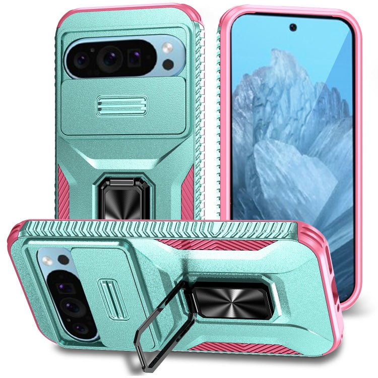 For Google Pixel 9 / Pixel 9 Pro Sliding Camshield Holder Phone Case(Grey Green + Pink) - Google Cases by PMC Jewellery | Online Shopping South Africa | PMC Jewellery | Buy Now Pay Later Mobicred