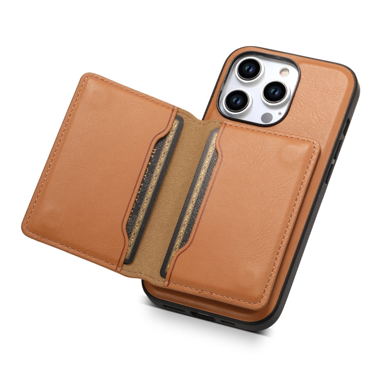 For iPhone 15 Pro Max Denior Cowhide Texture Leather MagSafe Detachable Wallet Phone Case(Khaki) - iPhone 15 Pro Max Cases by Denior | Online Shopping South Africa | PMC Jewellery | Buy Now Pay Later Mobicred