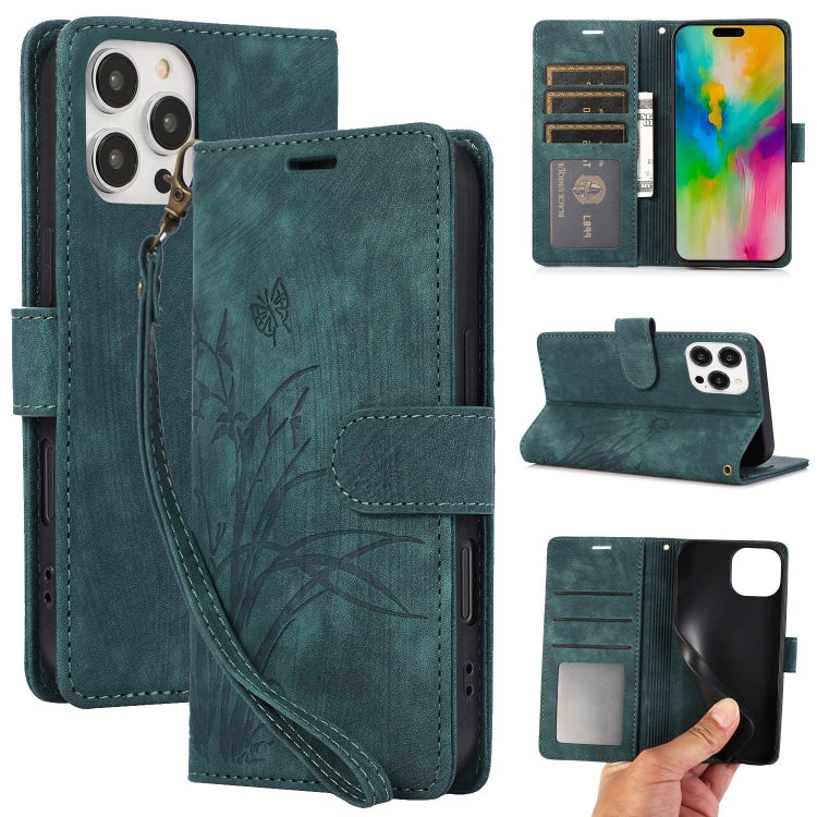 For iPhone 16 Pro Orchid Butterfly Embossed Leather Phone Case(Green) - iPhone 16 Pro Cases by PMC Jewellery | Online Shopping South Africa | PMC Jewellery | Buy Now Pay Later Mobicred