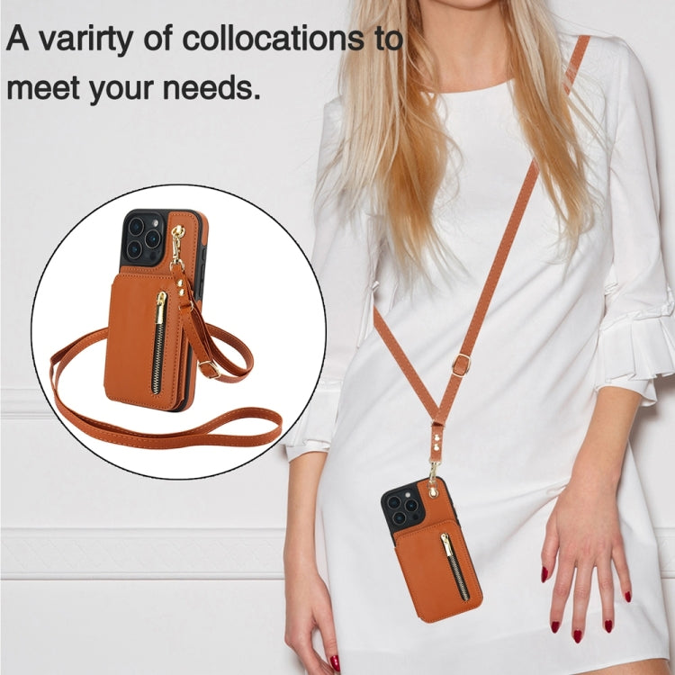 For iPhone 16 Pro Max YM006 Skin Feel Zipper Card Bag Phone Case with Dual Lanyard(Brown) - iPhone 16 Pro Max Cases by PMC Jewellery | Online Shopping South Africa | PMC Jewellery | Buy Now Pay Later Mobicred