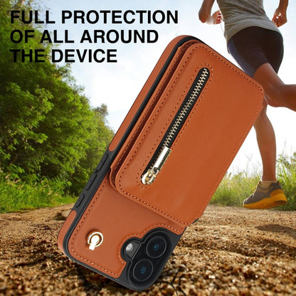 For iPhone 16 YM006 Skin Feel Zipper Card Bag Phone Case with Dual Lanyard(Brown) - iPhone 16 Cases by PMC Jewellery | Online Shopping South Africa | PMC Jewellery | Buy Now Pay Later Mobicred