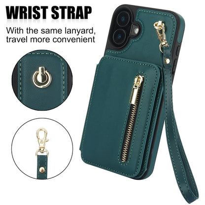 For iPhone 16 YM006 Skin Feel Zipper Card Bag Phone Case with Dual Lanyard(Green) - iPhone 16 Cases by PMC Jewellery | Online Shopping South Africa | PMC Jewellery | Buy Now Pay Later Mobicred