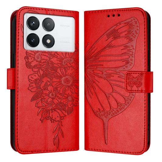 For Xiaomi Redmi K70 / K70 Pro Embossed Butterfly Leather Phone Case(Red) - K70 Cases by PMC Jewellery | Online Shopping South Africa | PMC Jewellery | Buy Now Pay Later Mobicred