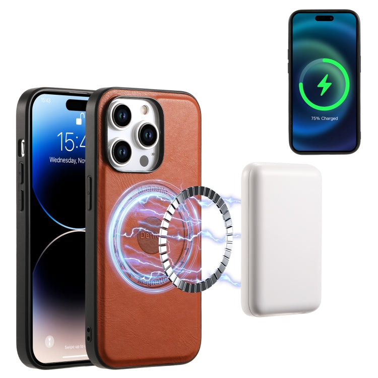For iPhone 15 Plus Denior Cowhide Texture Leather MagSafe Phone Case(Brown) - iPhone 15 Plus Cases by Denior | Online Shopping South Africa | PMC TechLife | Buy Now Pay Later Mobicred