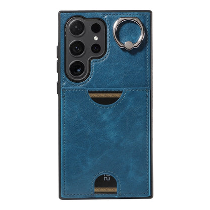 For Samsung Galaxy S24 Ultra 5G Calf Texture Card Slot Ring Holder Phone Case(Blue) - Galaxy S24 Ultra 5G Tempered Glass by PMC Jewellery | Online Shopping South Africa | PMC Jewellery