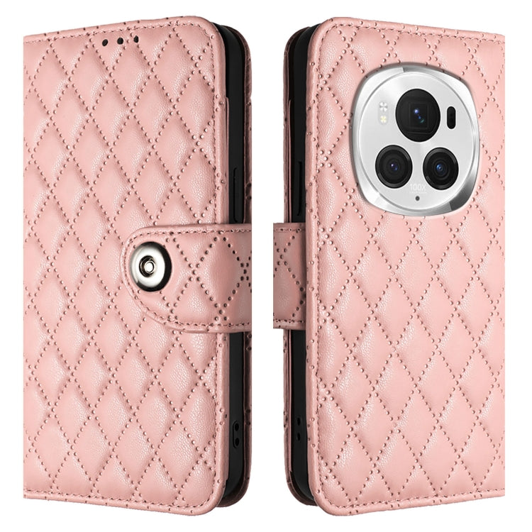 For Honor Magic6 Pro Rhombic Texture Flip Leather Phone Case with Lanyard(Coral Pink) - Honor Cases by PMC Jewellery | Online Shopping South Africa | PMC Jewellery | Buy Now Pay Later Mobicred