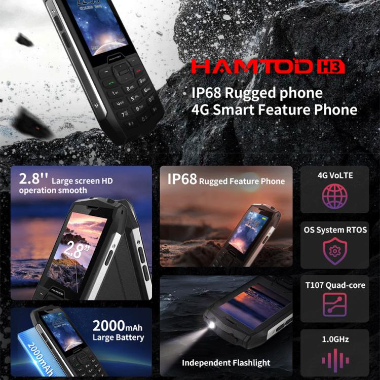 HAMTOD H3 Rugged Phone, EU Version, 2.8 inch T107 ARM CortexTM A7 Quad-core 1.0GHz, Network: 4G, VoLTE, BT, SOS(Red) - free shipping - PMC TechLife - Order now!