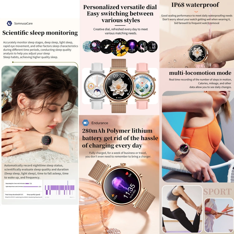 T86 Woman Health 1.27 inch Smart Watch, BT Call / Physiological Cycle / Heart Rate / Blood Pressure / Blood Glucose / SOS(Silver Steel Band) - Smart Wristbands by PMC Jewellery | Online Shopping South Africa | PMC Jewellery