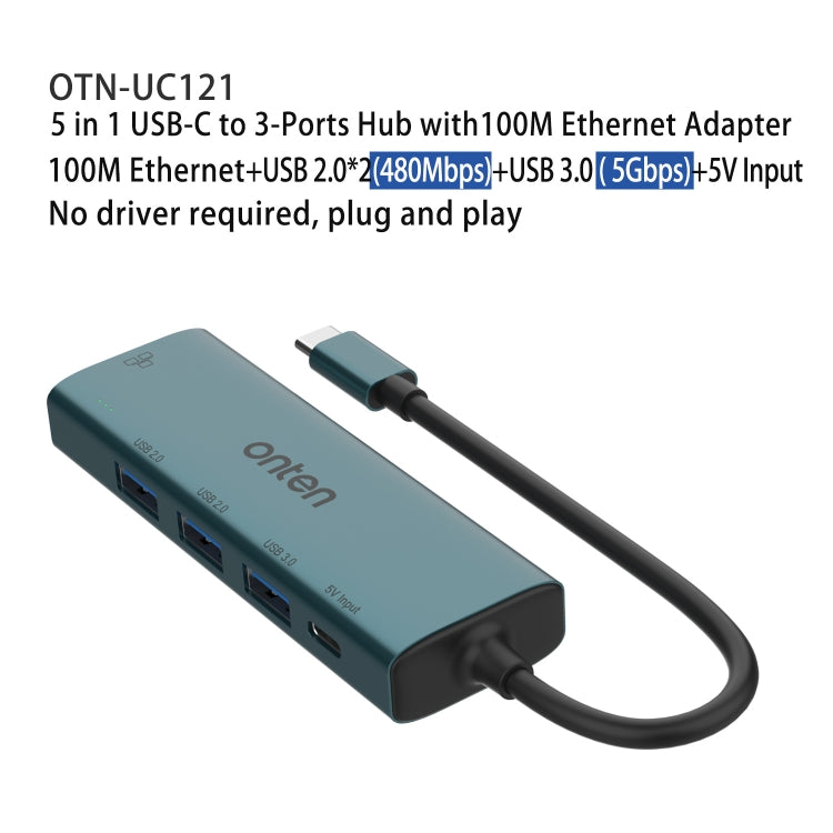 Onten UC121 5 in 1 USB-C / Type-C to USB 3.0 HUB with 5V Input & 100Mbps Network Card - USB HUB by Onten | Online Shopping South Africa | PMC Jewellery | Buy Now Pay Later Mobicred