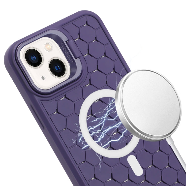 For iPhone 14 Plus Honeycomb Radiating Lens Holder Magsafe Phone Case with Lanyard(Purple) - iPhone 14 Plus Cases by PMC Jewellery | Online Shopping South Africa | PMC Jewellery