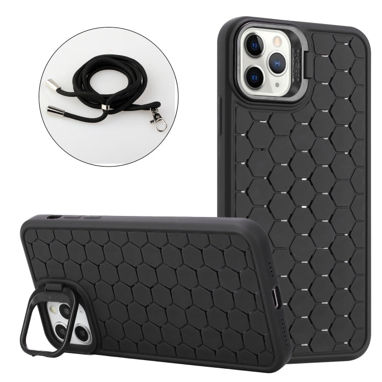 For iPhone 11 Pro Honeycomb Radiating Lens Holder Magsafe Phone Case with Lanyard(Black) - iPhone 11 Pro Cases by PMC Jewellery | Online Shopping South Africa | PMC Jewellery