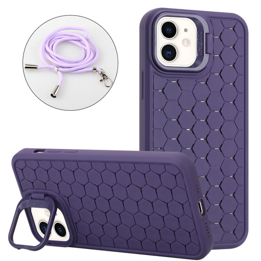 For iPhone 11 Honeycomb Radiating Lens Holder Magsafe Phone Case with Lanyard(Purple) - iPhone 11 Cases by PMC Jewellery | Online Shopping South Africa | PMC Jewellery