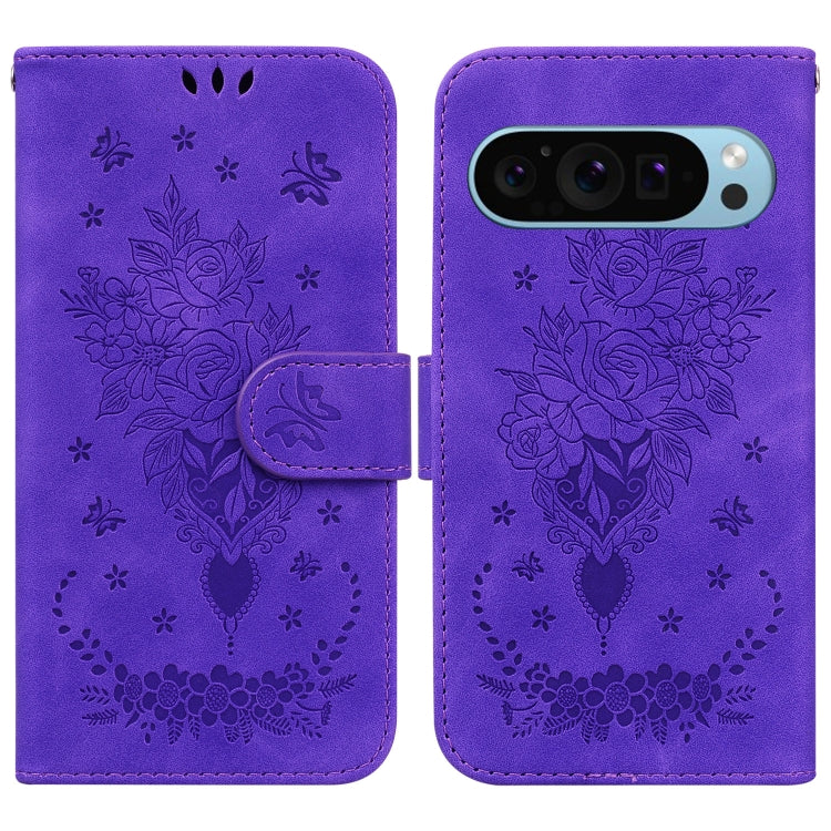 For Google Pixel 9 Butterfly Rose Embossed Leather Phone Case(Purple) - Google Cases by PMC TechLife | Online Shopping South Africa | PMC TechLife | Buy Now Pay Later Mobicred