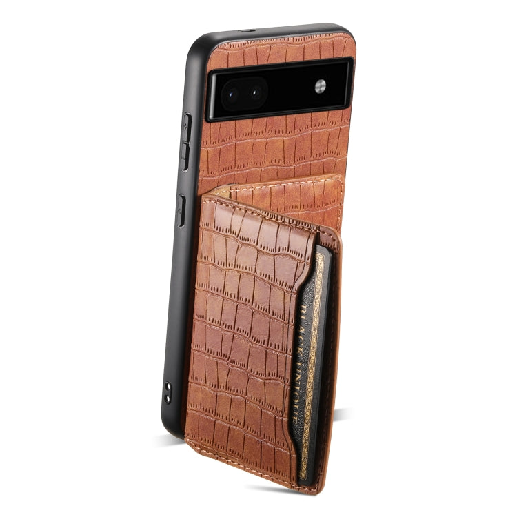 For Google Pixel 6a Crocodile Texture Card Bag Design Full Coverage Phone Case(Brown) - Google Cases by PMC Jewellery | Online Shopping South Africa | PMC Jewellery | Buy Now Pay Later Mobicred