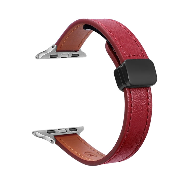 For Apple Watch Series 9 45mm Slim Magnetic Buckle Genuine Leather Watch Band(Plain Wine Red) - Watch Bands by PMC Jewellery | Online Shopping South Africa | PMC Jewellery