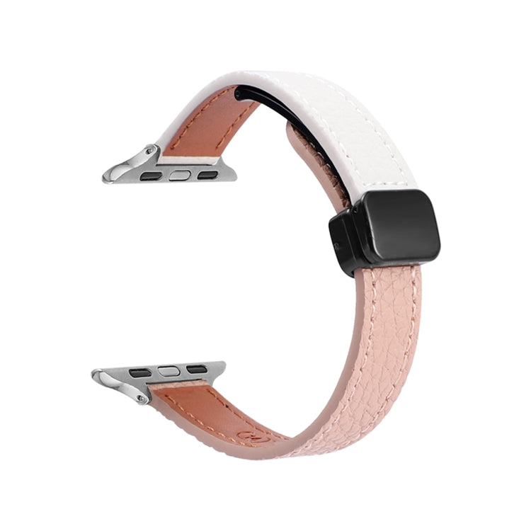 For Apple Watch Series 5 44mm Slim Magnetic Buckle Genuine Leather Watch Band(Litchi Pink Beige) - Watch Bands by PMC Jewellery | Online Shopping South Africa | PMC Jewellery