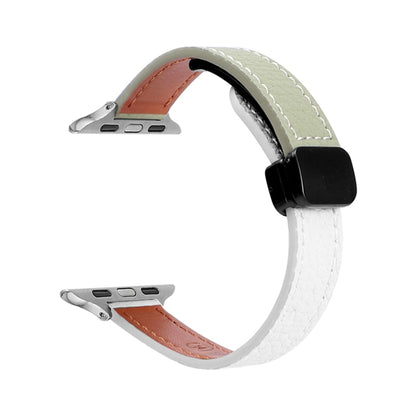 For Apple Watch Series 2 38mm Slim Magnetic Buckle Genuine Leather Watch Band(Litchi Beige Green) - Watch Bands by PMC Jewellery | Online Shopping South Africa | PMC Jewellery