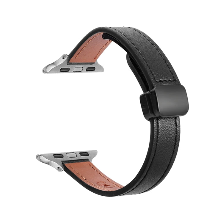 For Apple Watch 42mm Slim Magnetic Buckle Genuine Leather Watch Band(Plain Black) - Watch Bands by PMC Jewellery | Online Shopping South Africa | PMC Jewellery