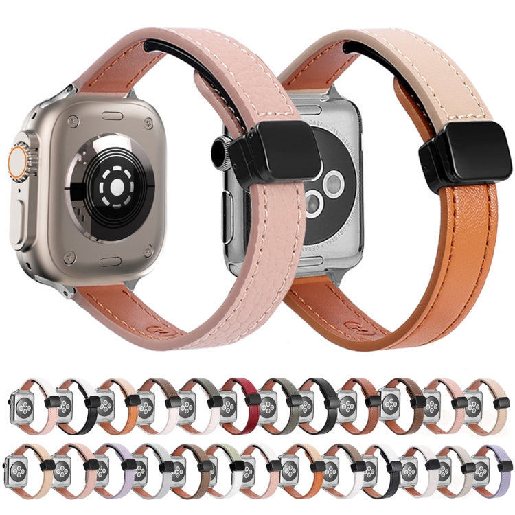 For Apple Watch Series 7 45mm Slim Magnetic Buckle Genuine Leather Watch Band(Litchi Pink Beige) - Watch Bands by PMC Jewellery | Online Shopping South Africa | PMC Jewellery