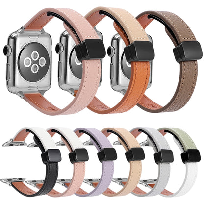 For Apple Watch Series 8 45mm Slim Magnetic Buckle Genuine Leather Watch Band(Litchi Apricot) - Watch Bands by PMC Jewellery | Online Shopping South Africa | PMC Jewellery