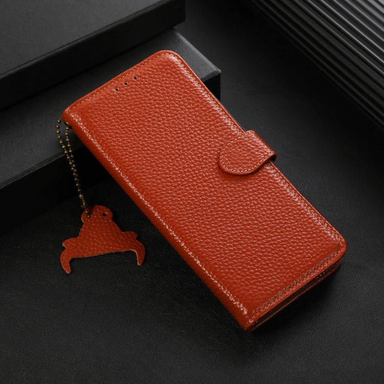 For OnePlus 13 Genuine Leather Litchi Texture RFID Leather Phone Case(Coffee) - OnePlus Cases by PMC TechLife | Online Shopping South Africa | PMC TechLife | Buy Now Pay Later Mobicred