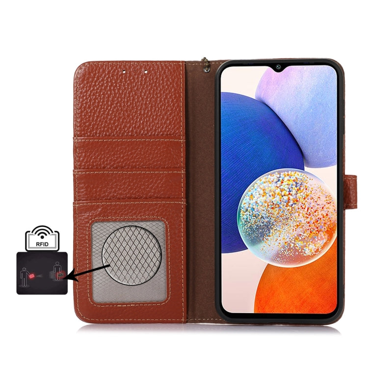 For OnePlus 13 Genuine Leather Litchi Texture RFID Leather Phone Case(Coffee) - OnePlus Cases by PMC TechLife | Online Shopping South Africa | PMC TechLife | Buy Now Pay Later Mobicred