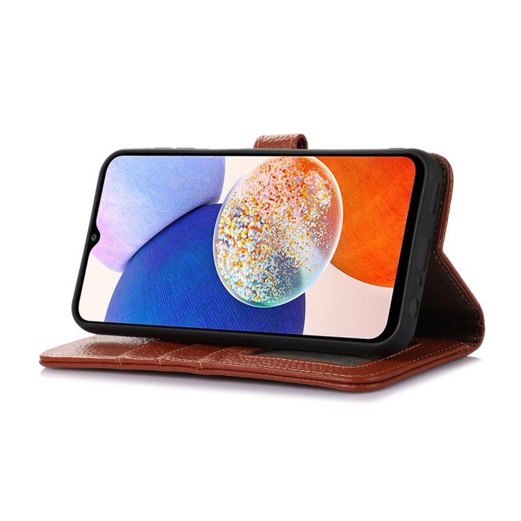 For OnePlus 13 Genuine Leather Litchi Texture RFID Leather Phone Case(Coffee) - OnePlus Cases by PMC TechLife | Online Shopping South Africa | PMC TechLife | Buy Now Pay Later Mobicred