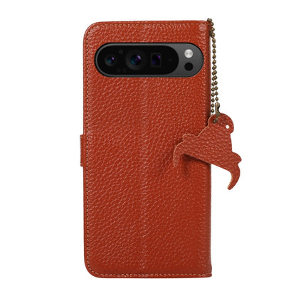 For Google Pixel 9 Pro Genuine Leather Litchi Texture RFID Leather Phone Case(Coffee) - Google Cases by PMC Jewellery | Online Shopping South Africa | PMC Jewellery | Buy Now Pay Later Mobicred